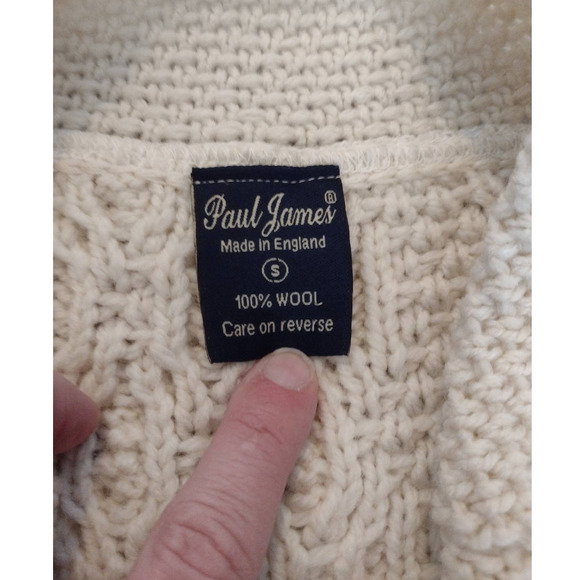 Paul James 100% Wool Aran Cableknit Collared Sweater Made in England - Picture 10 of 10
